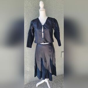 Vintage Black and Navy Leather Jacket and Skirt Set